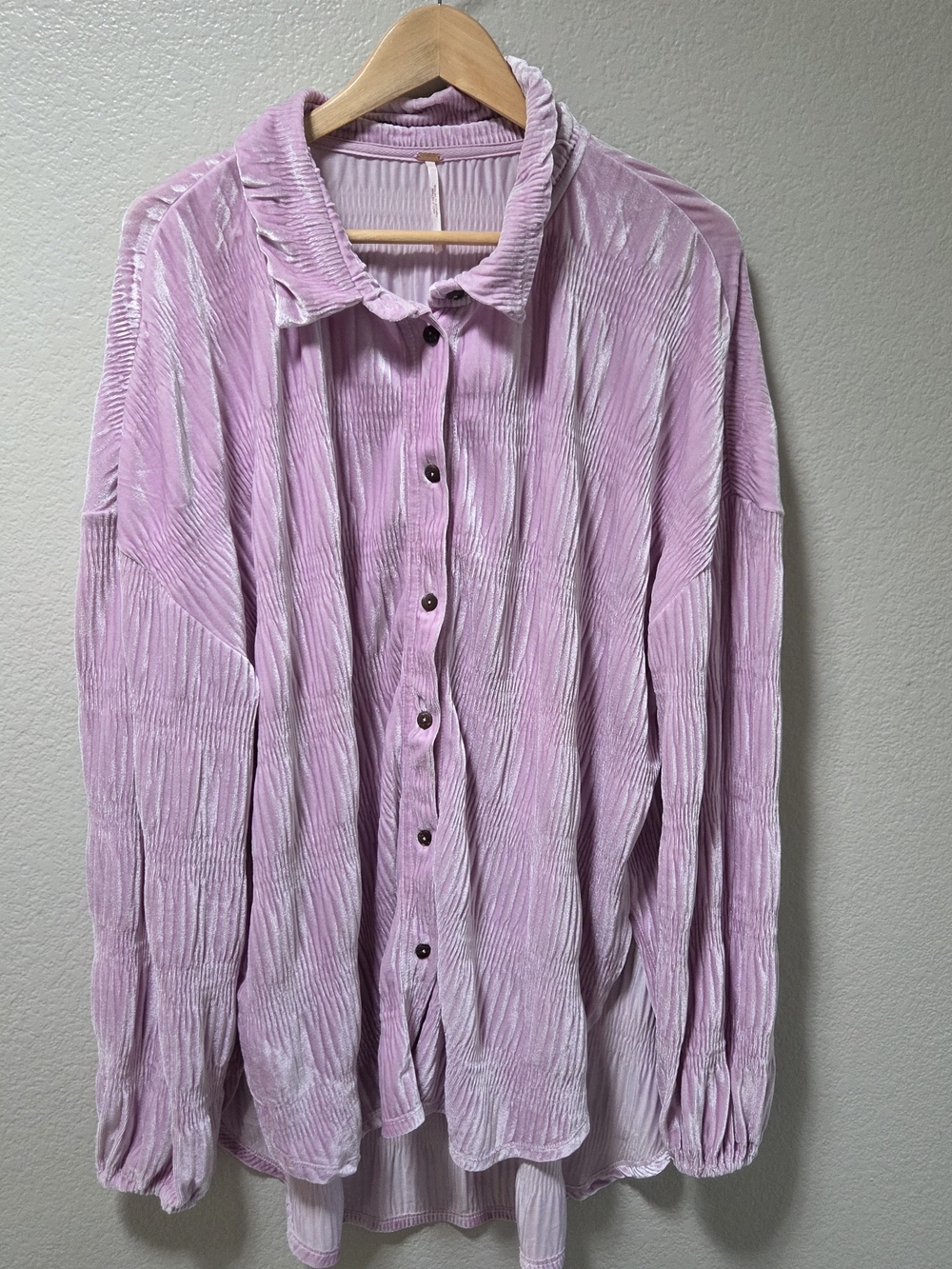 Free People Oversized Crushed Velvet Button Front Shirt L Lavender Boho